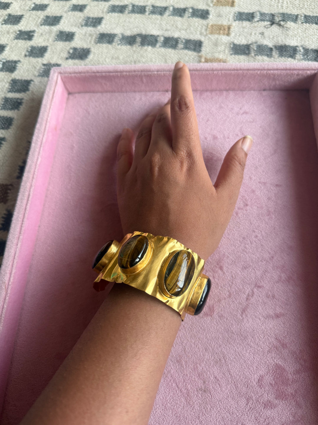 SHIVKA Designer Stone Brass Cuff | Adjustable Open Bracelet | Statement Festive Wear | 52g