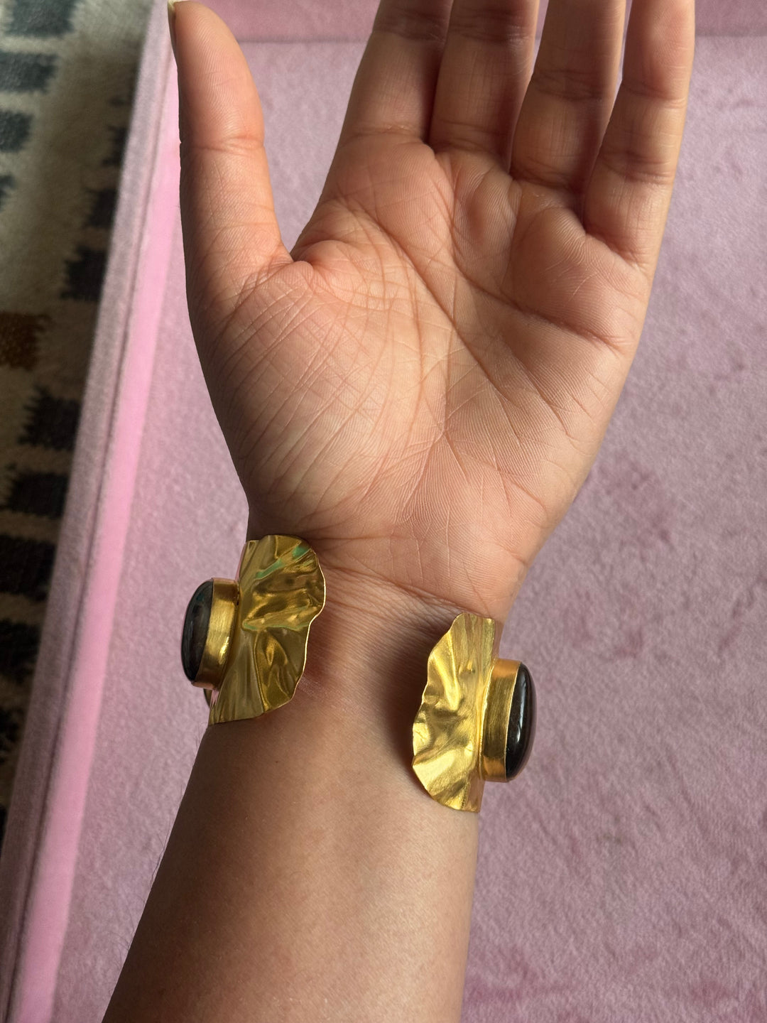 SHIVKA Designer Stone Brass Cuff | Adjustable Open Bracelet | Statement Festive Wear | 52g