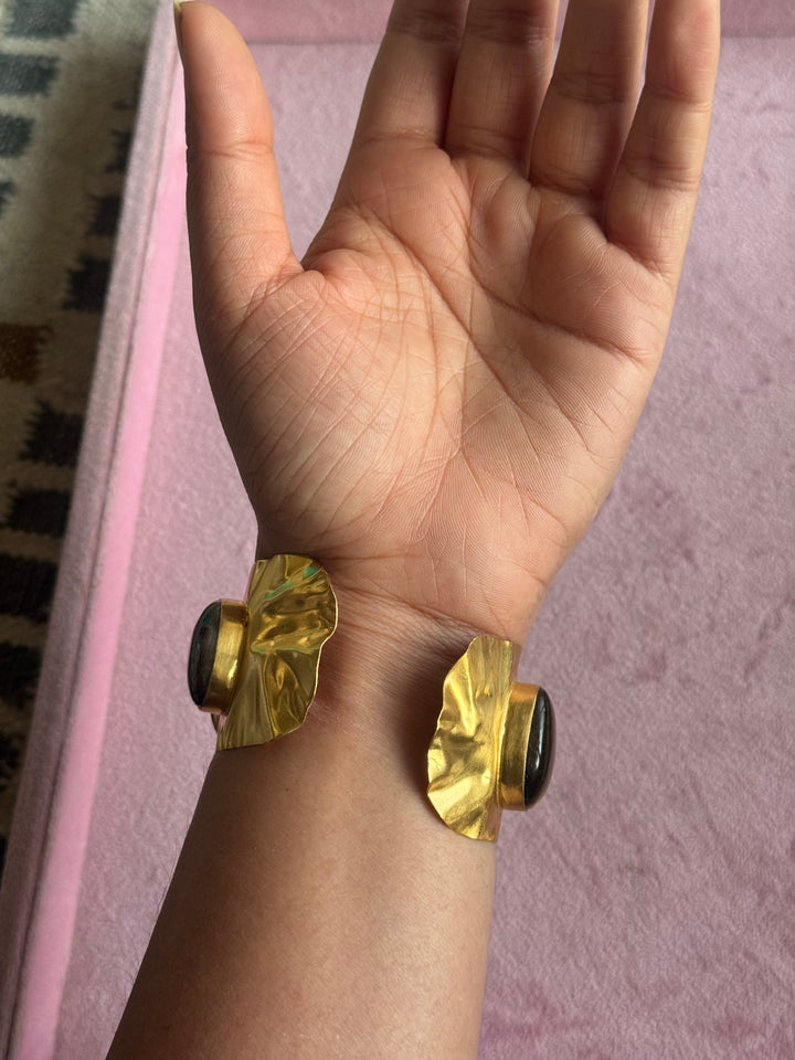 SHIVKA Designer Stone Brass Cuff | Adjustable Open Bracelet | Statement Festive Wear | 52g