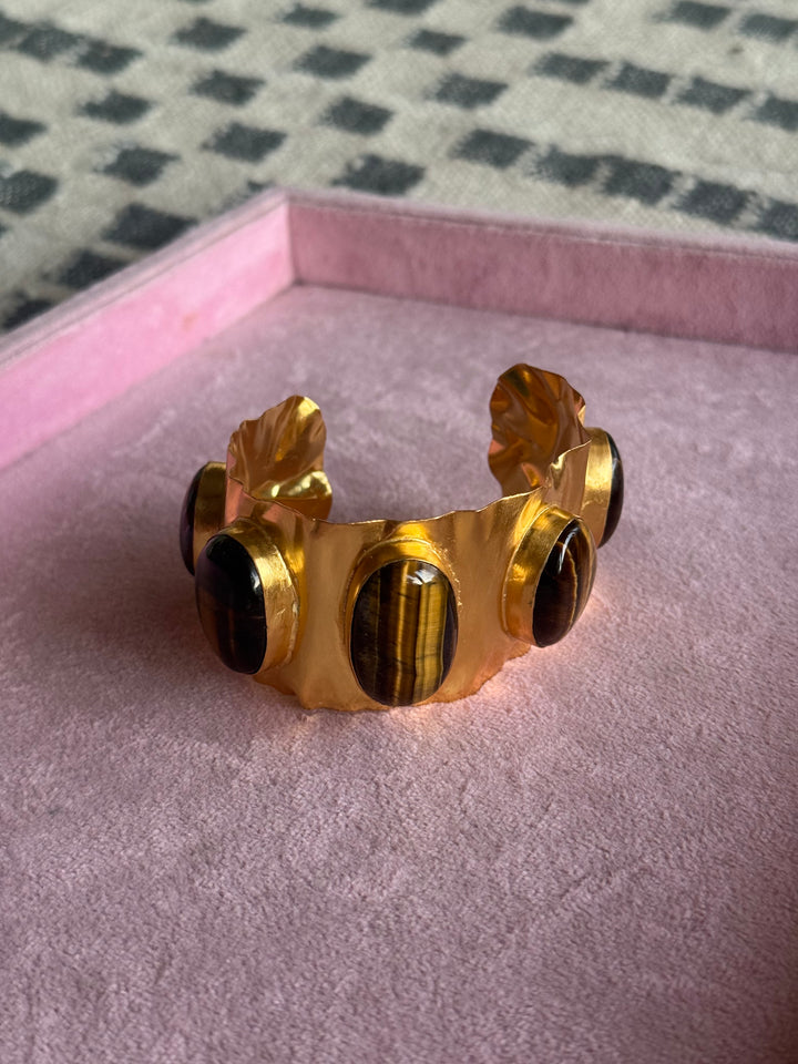 SHIVKA Designer Stone Brass Cuff | Adjustable Open Bracelet | Statement Festive Wear | 52g