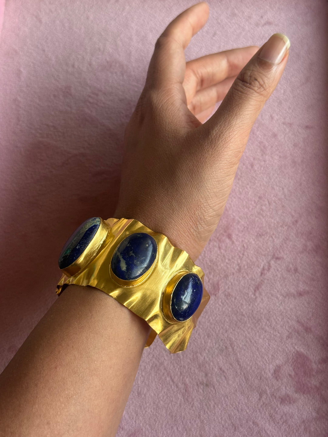 SHIVKA Designer Lapis Lazuli Stone Brass Cuff | Adjustable Open Bracelet | Statement Festive Wear | 50g