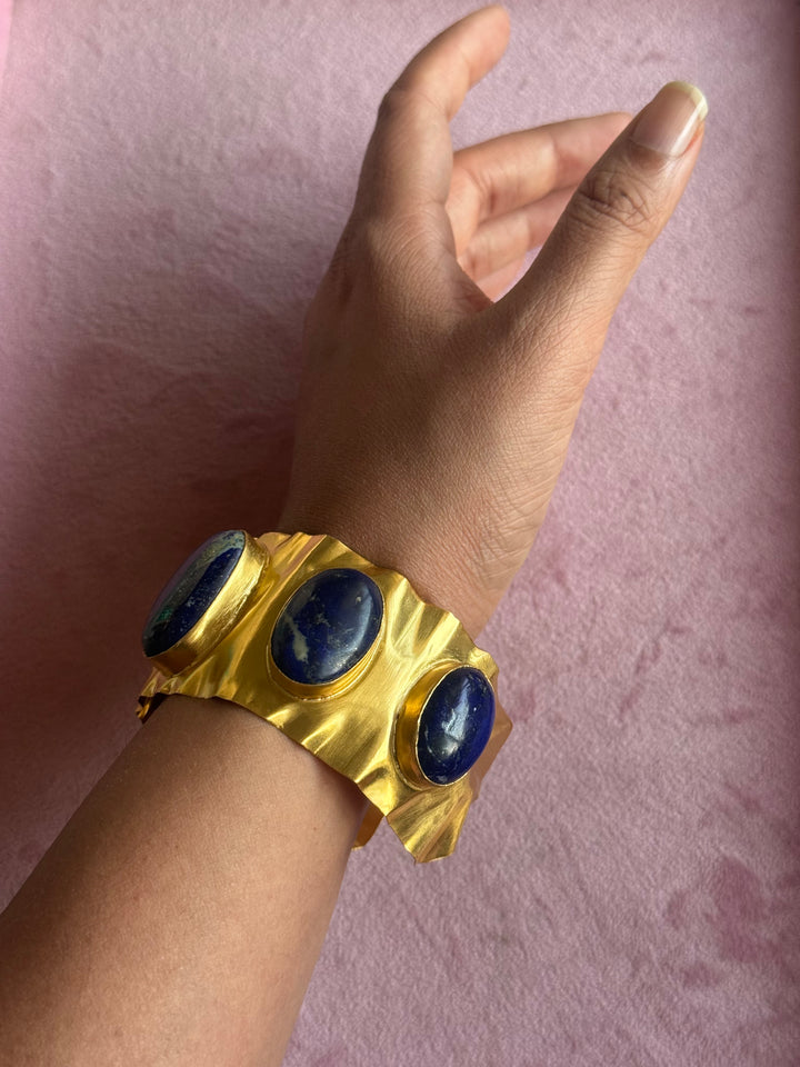 SHIVKA Designer Lapis Lazuli Stone Brass Cuff | Adjustable Open Bracelet | Statement Festive Wear | 50g