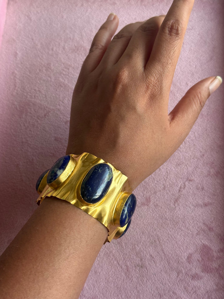 SHIVKA Designer Lapis Lazuli Stone Brass Cuff | Adjustable Open Bracelet | Statement Festive Wear | 50g