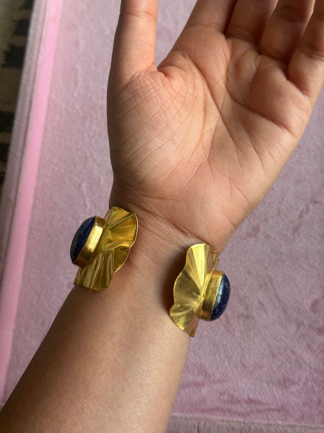 SHIVKA Designer Lapis Lazuli Stone Brass Cuff | Adjustable Open Bracelet | Statement Festive Wear | 50g