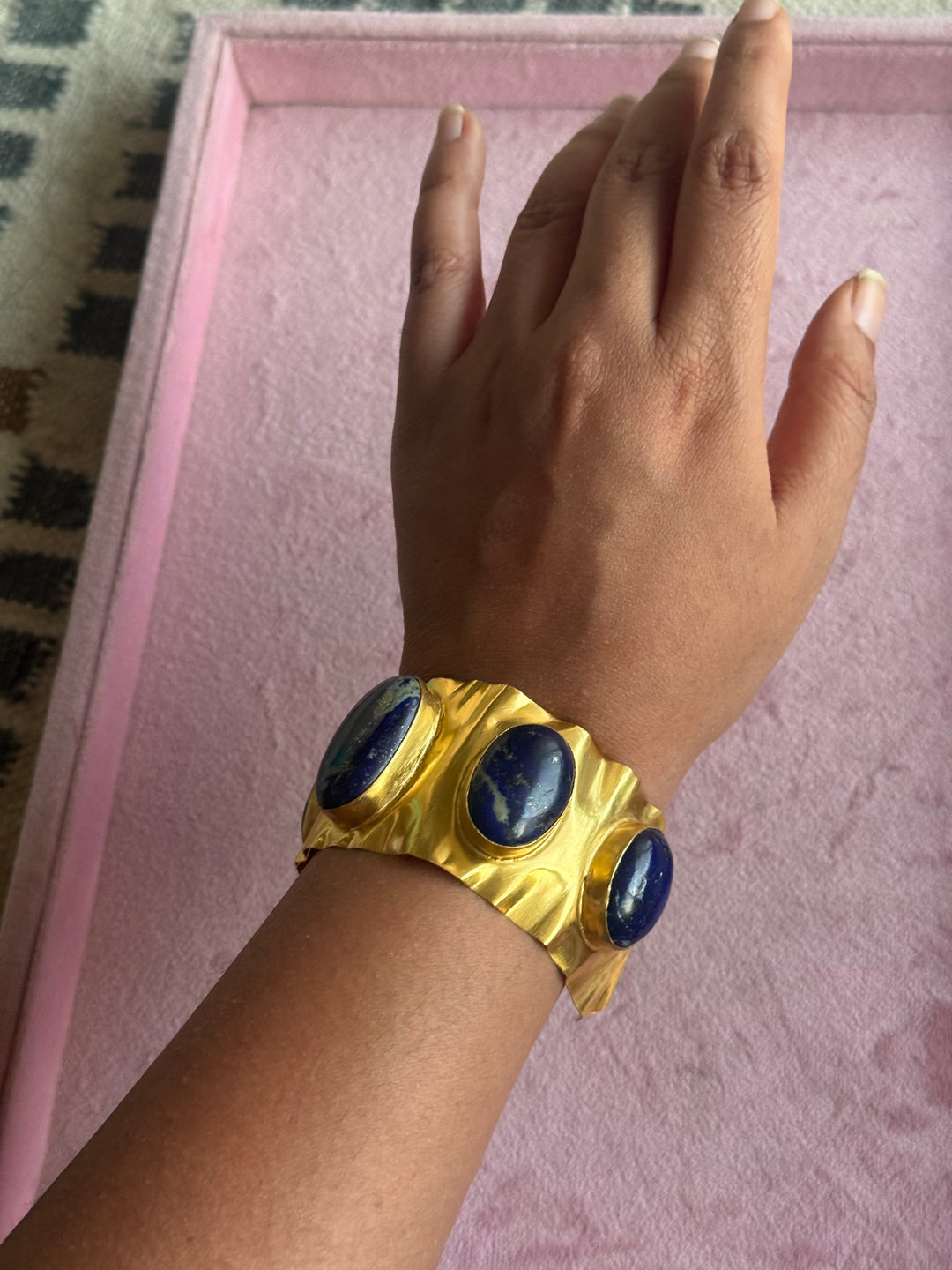 SHIVKA Designer Lapis Lazuli Stone Brass Cuff | Adjustable Open Bracelet | Statement Festive Wear | 50g