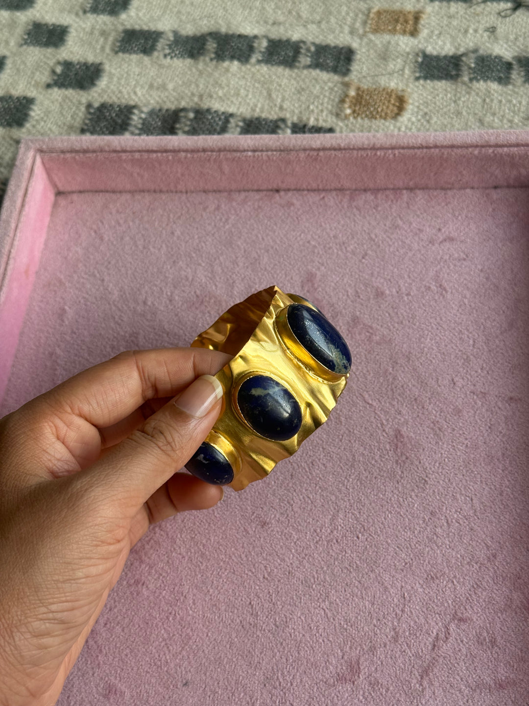 SHIVKA Designer Lapis Lazuli Stone Brass Cuff | Adjustable Open Bracelet | Statement Festive Wear | 50g