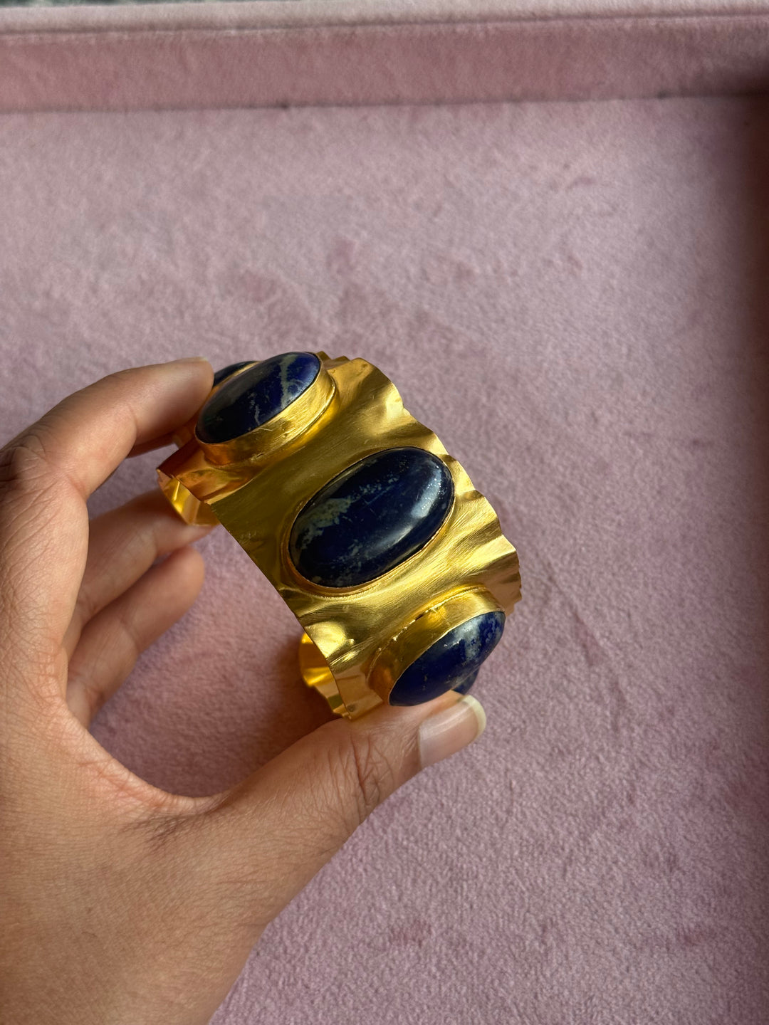 SHIVKA Designer Lapis Lazuli Stone Brass Cuff | Adjustable Open Bracelet | Statement Festive Wear | 50g