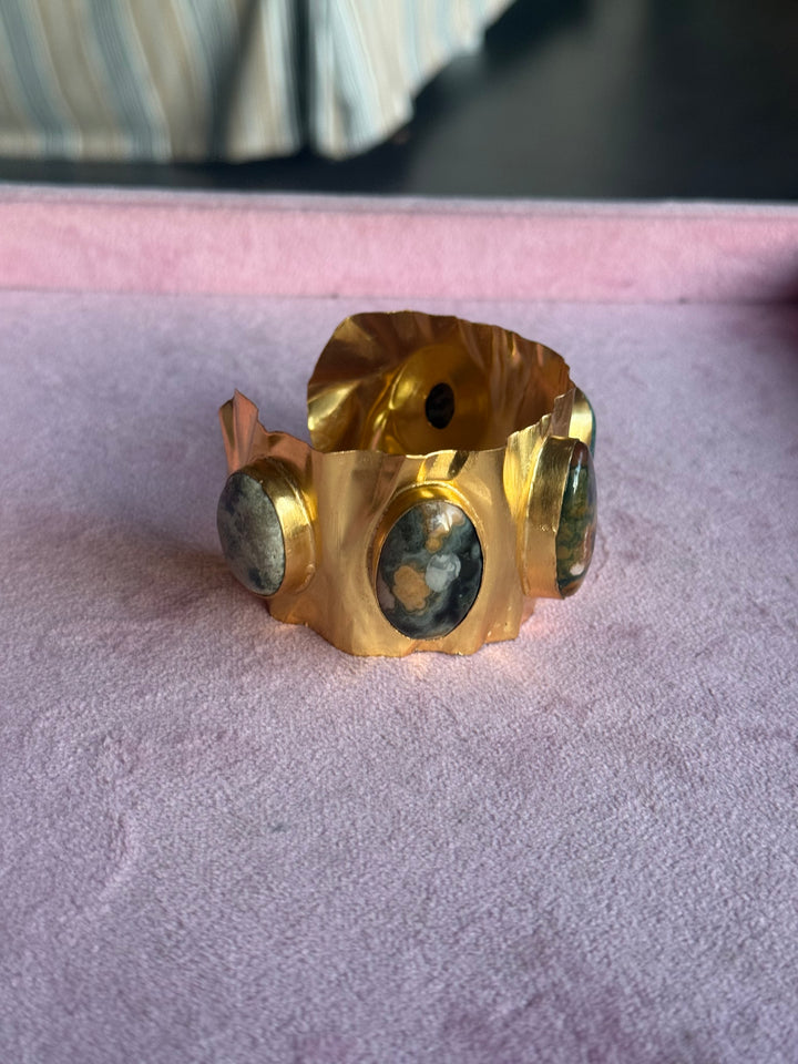 SHIVKA Designer Stone Brass Cuff | Adjustable Open Bracelet | Statement Festive Wear | 46g