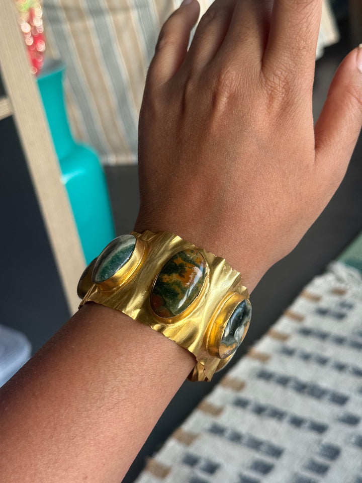 SHIVKA Designer Stone Brass Cuff | Adjustable Open Bracelet | Statement Festive Wear | 46g
