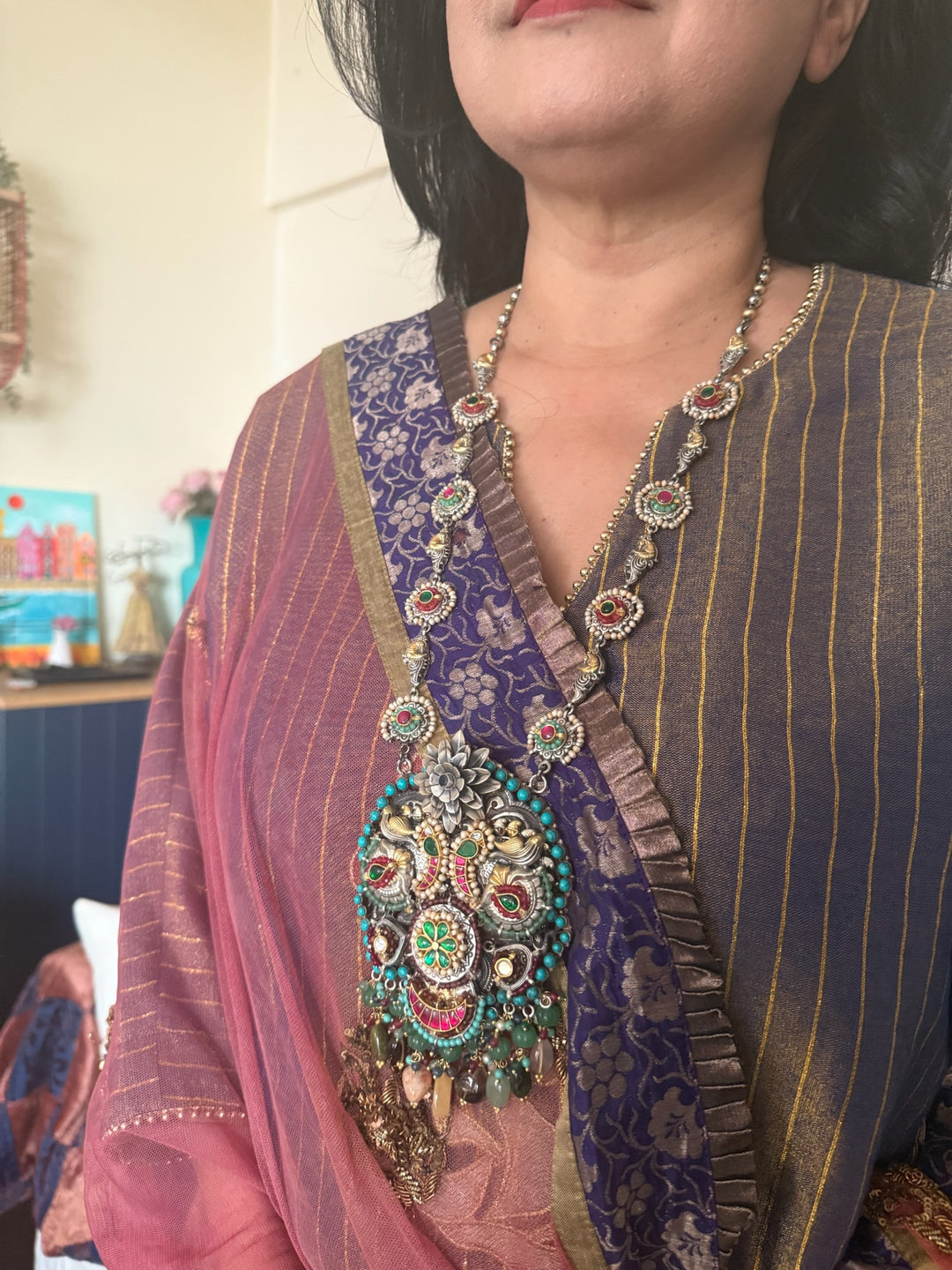 Handmade 925 Silver Multi Gemstone Kundan Long Necklace Set | SHIVKA