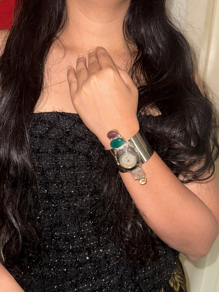 SHIVKA Vintage Watch Open Cuff Bracelet | Rose Quartz & Green Onyx | Adjustable | 75g