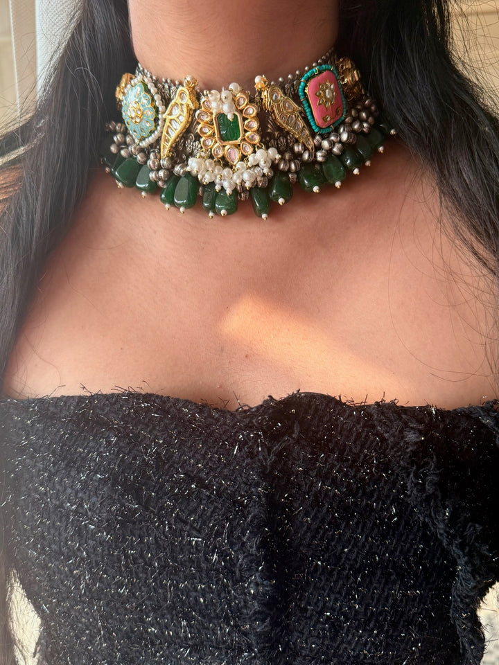 Handmade Fusion Peacock Kundan Choker with Ghungroo | Dual Tone Brass Statement Necklace by SHIVKA