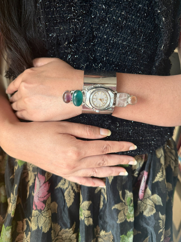 SHIVKA Vintage Watch Open Cuff Bracelet | Rose Quartz & Green Onyx | Adjustable | 75g