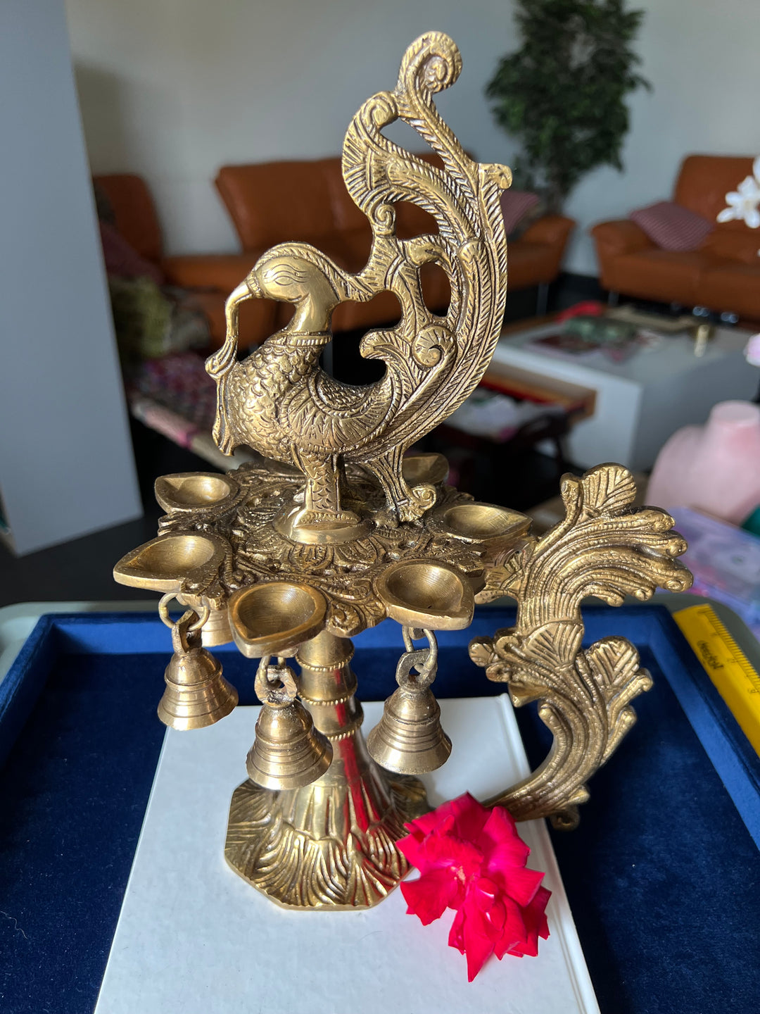 Antique Brass Peacock Bell with Diya - Ethereal Beauty and Illumination