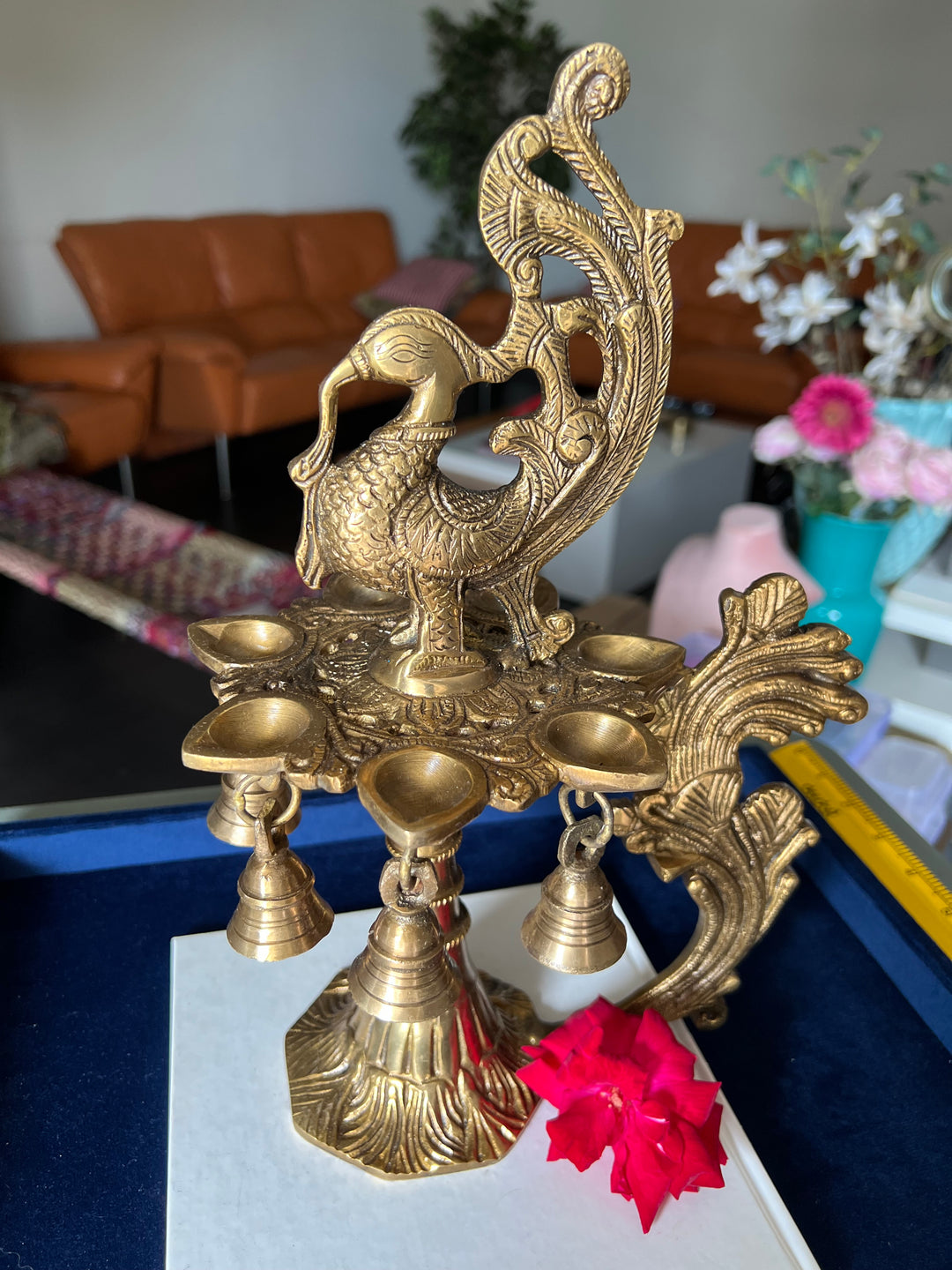 Antique Brass Peacock Bell with Diya - Ethereal Beauty and Illumination