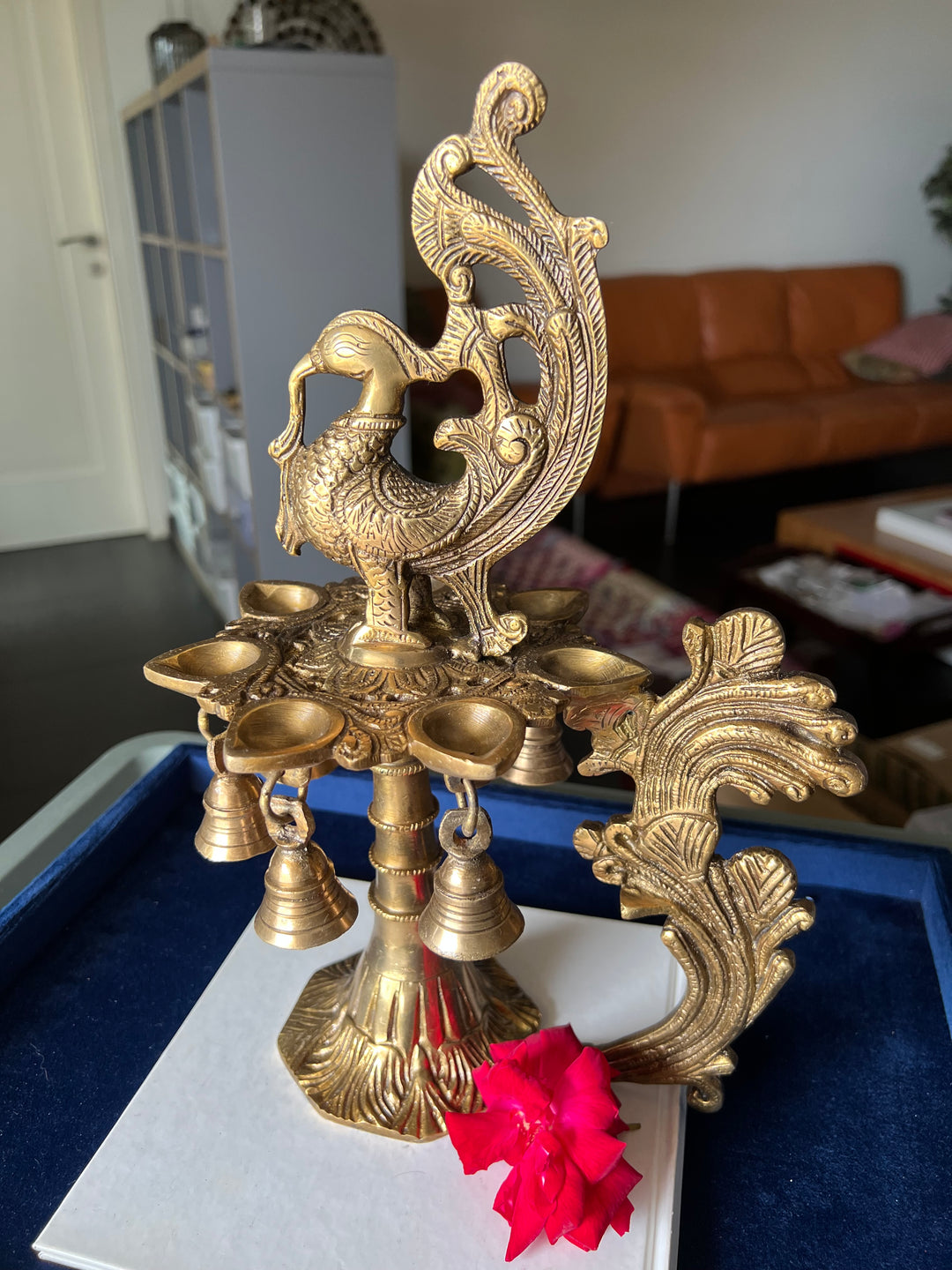 Antique Brass Peacock Bell with Diya - Ethereal Beauty and Illumination
