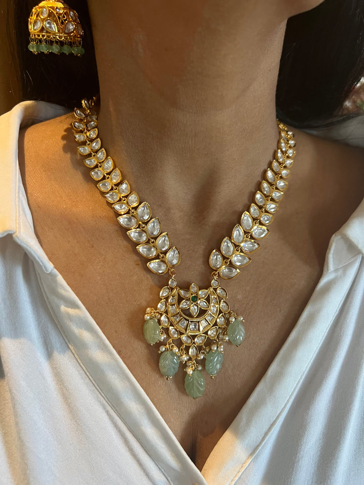 Scintillating Kundan Pendant Short Necklace with Jhumkas