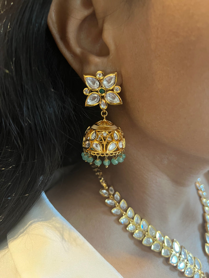 Scintillating Kundan Pendant Short Necklace with Jhumkas