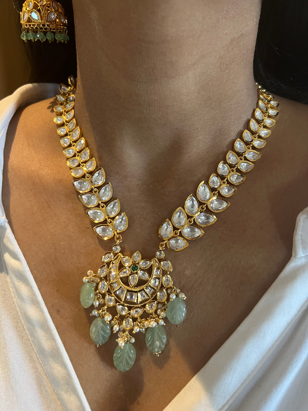 Scintillating Kundan Pendant Short Necklace with Jhumkas