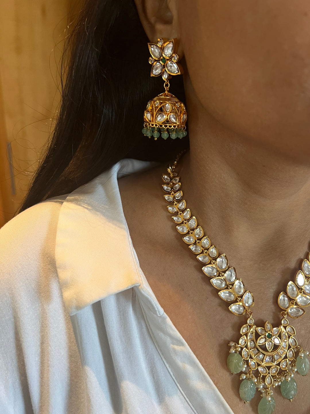 Scintillating Kundan Pendant Short Necklace with Jhumkas