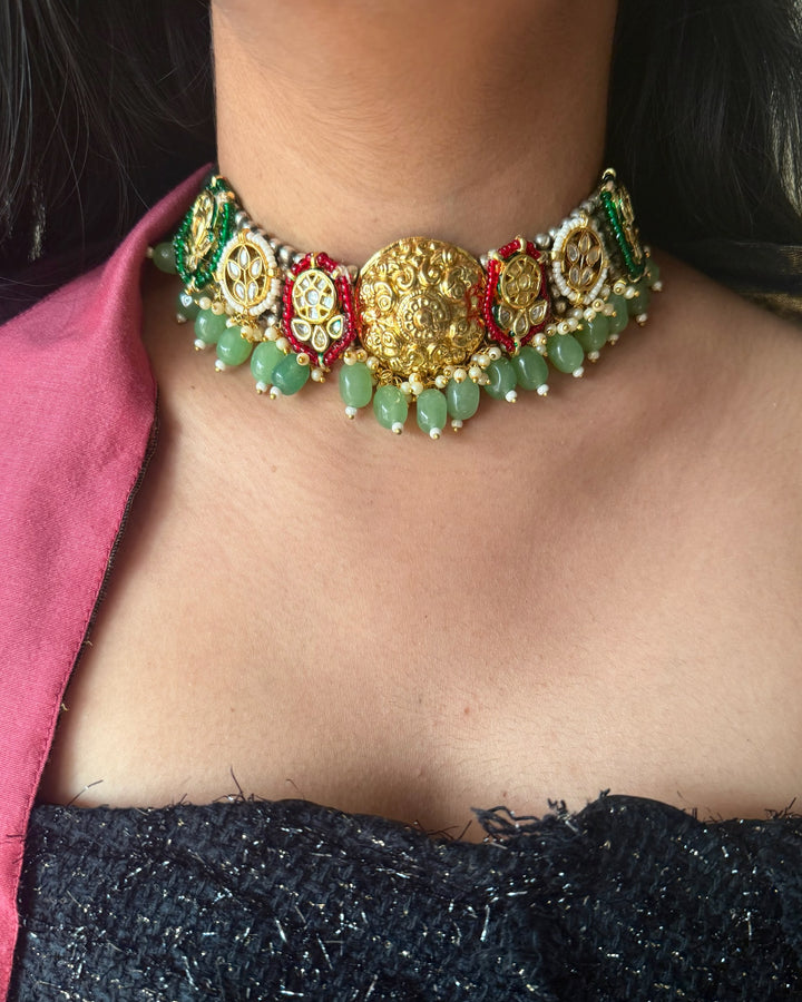 Fusion Designer Choker with Quartz & Mini Pearls | Dual Tone Adjustable Dori Necklace by SHIVKA