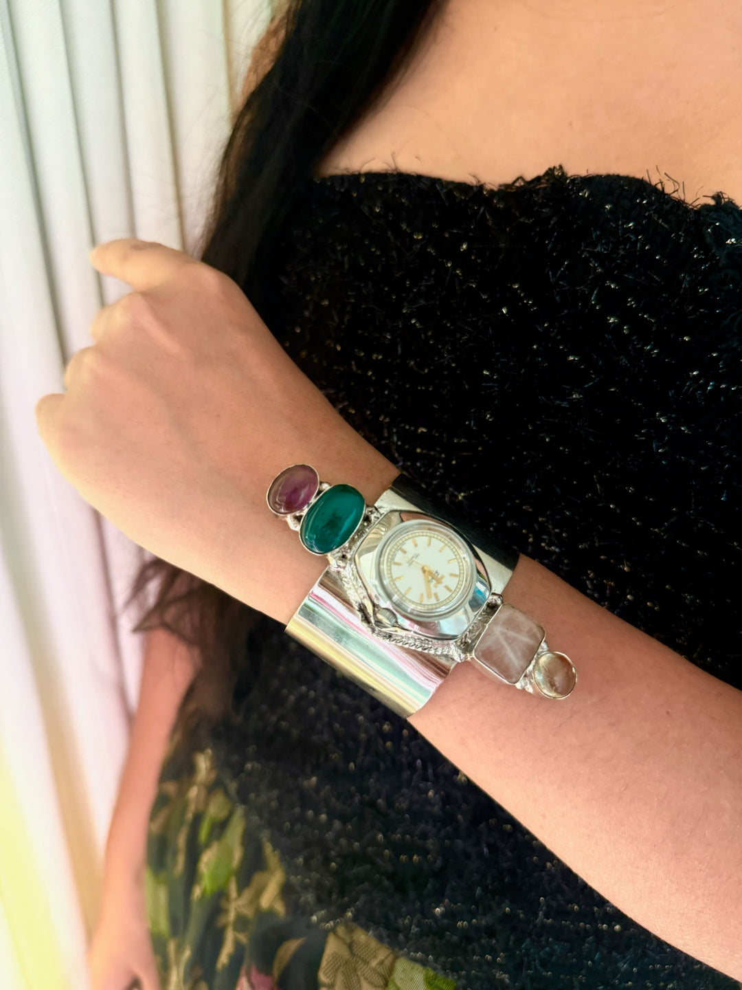 SHIVKA Vintage Watch Open Cuff Bracelet | Rose Quartz & Green Onyx | Adjustable | 75g