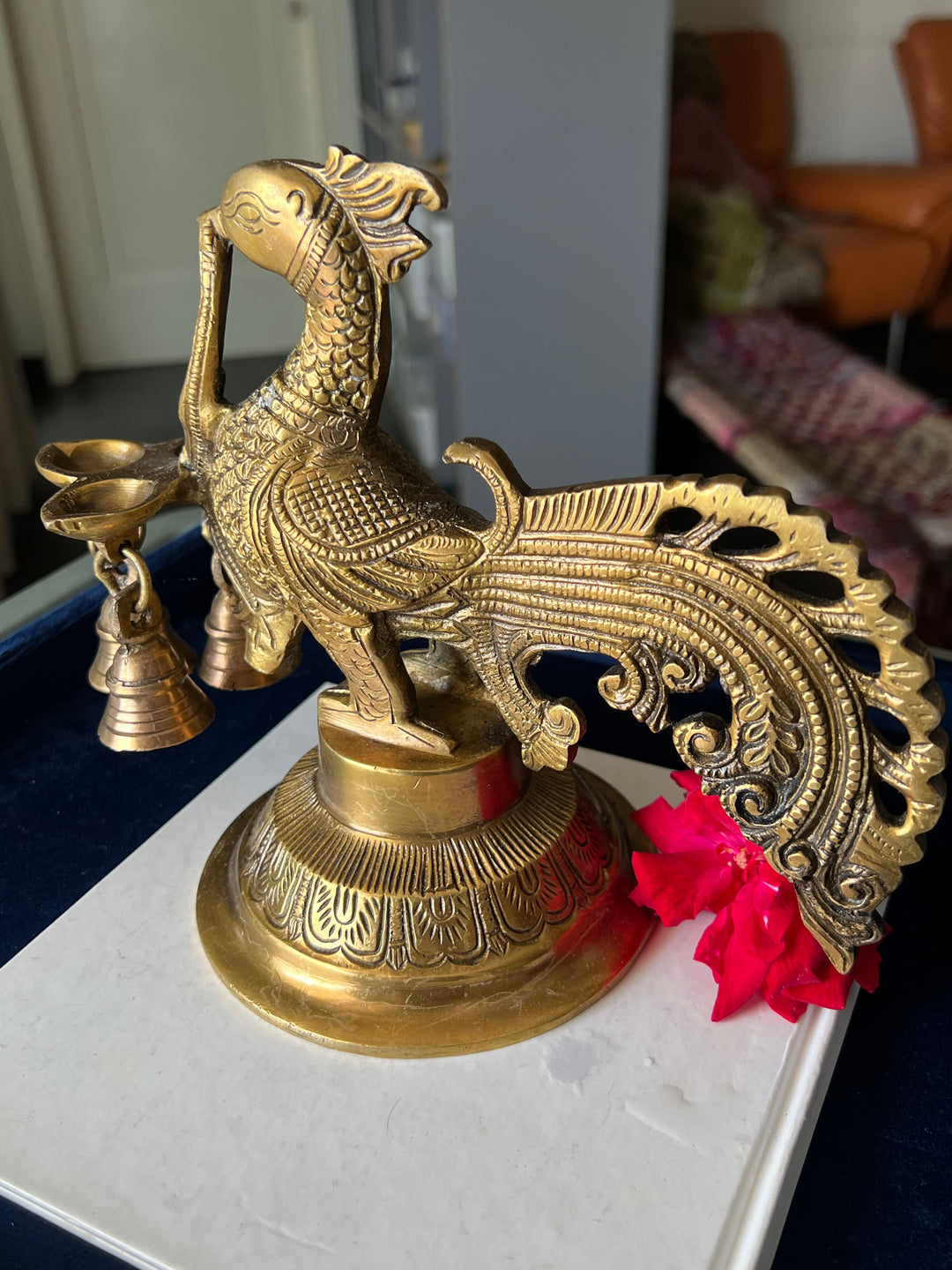 Antique Brass Peacock Bell with Diya - Ethereal Beauty and Illumination