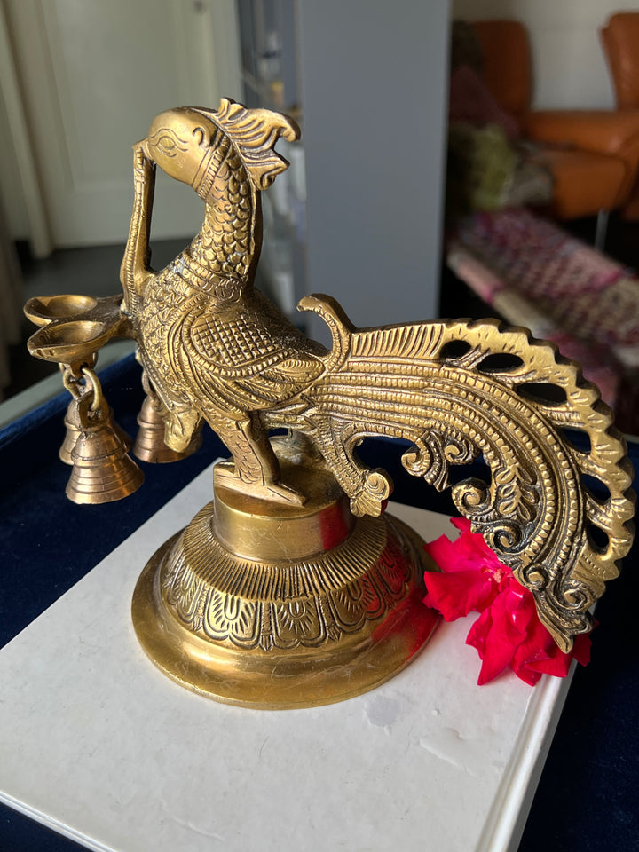 Antique Brass Peacock Bell with Diya - Ethereal Beauty and Illumination