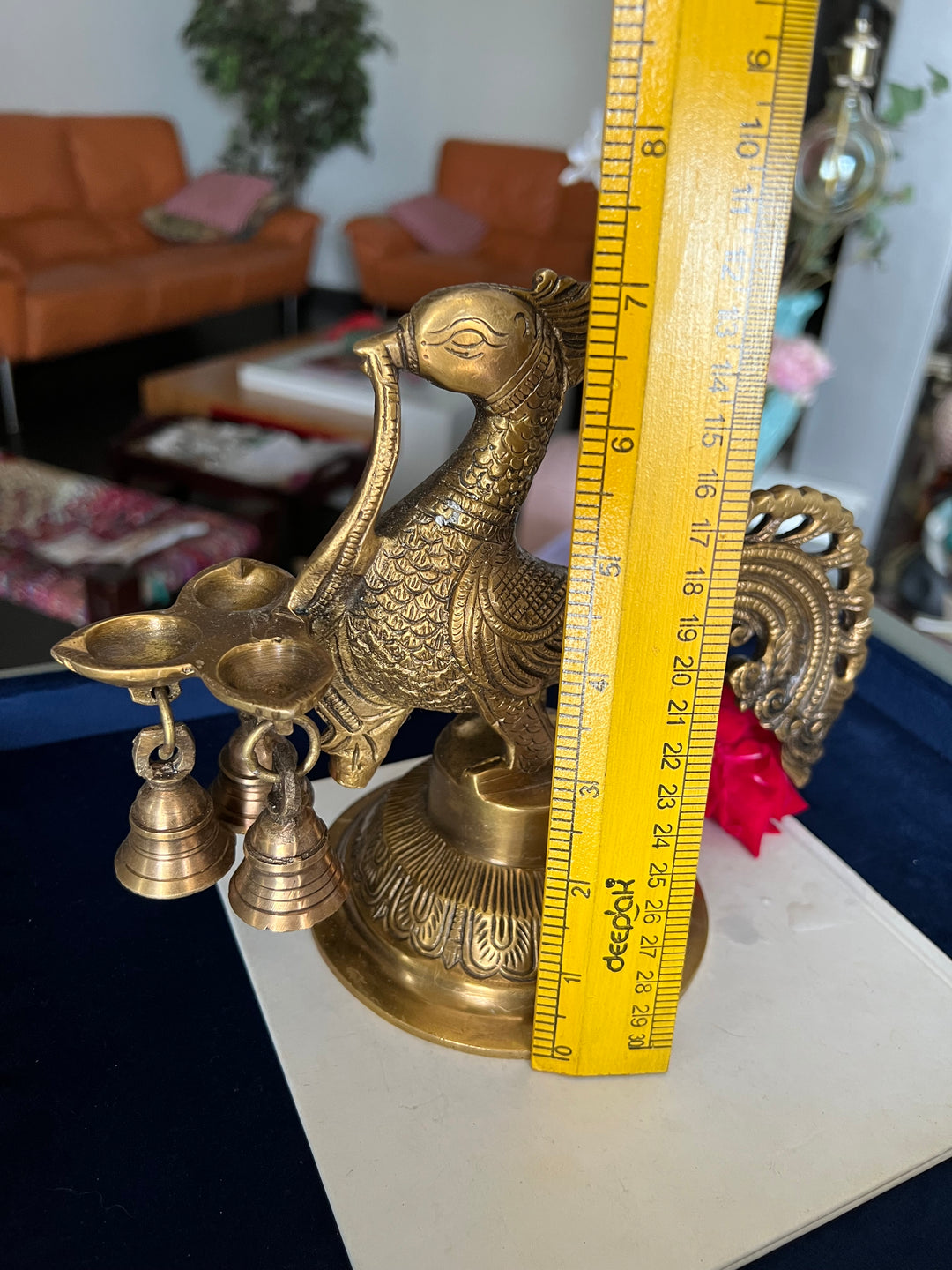 Antique Brass Peacock Bell with Diya - Ethereal Beauty and Illumination