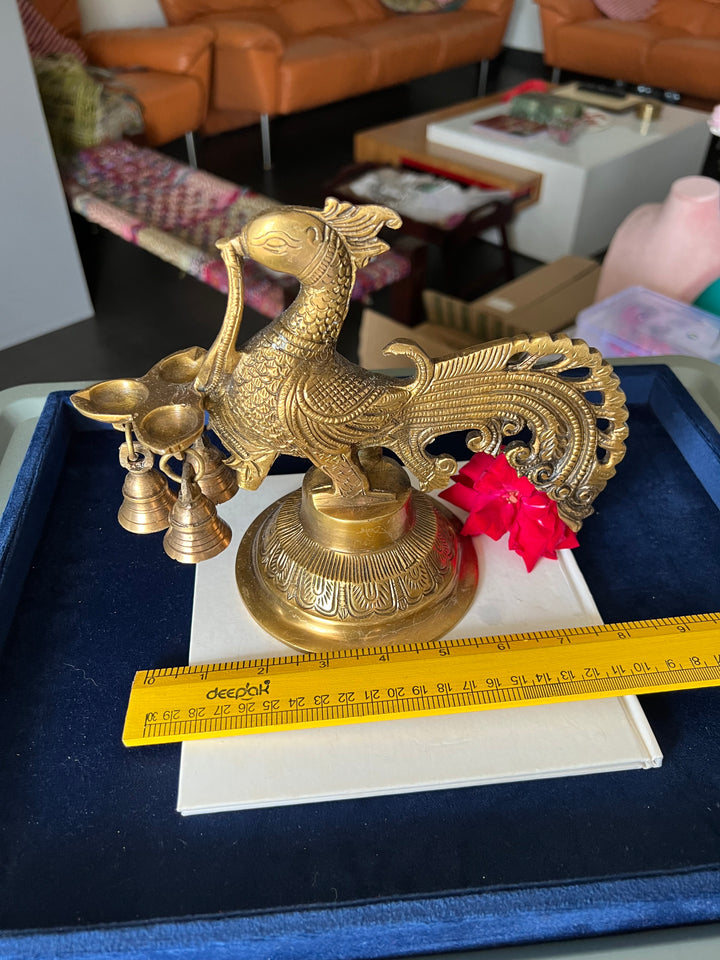 Antique Brass Peacock Bell with Diya - Ethereal Beauty and Illumination