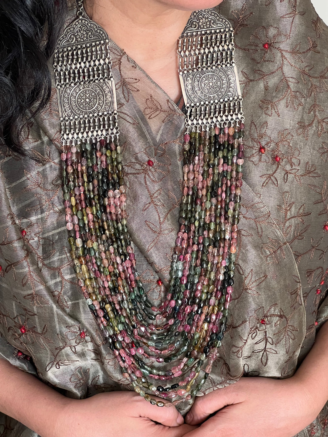 SHIVKA Pure 925 Silver with Real Tourmaline Beads Rani Haar