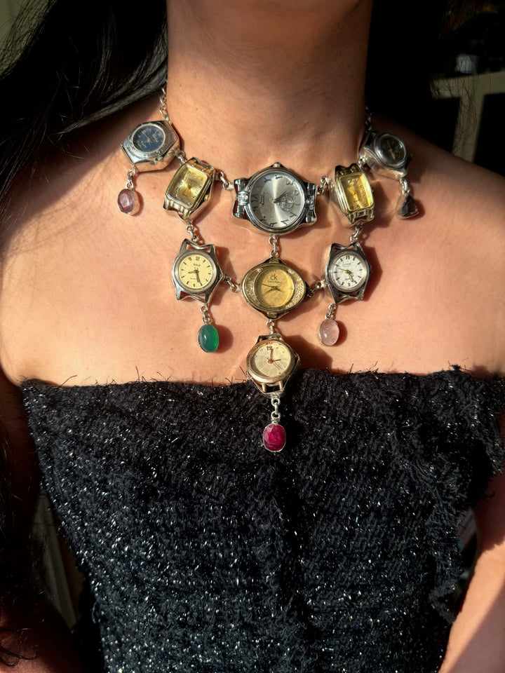 Vintage Watch Statement Necklace with Quartz Stones | Adjustable Hook Closure Brass Necklace by SHIVKA