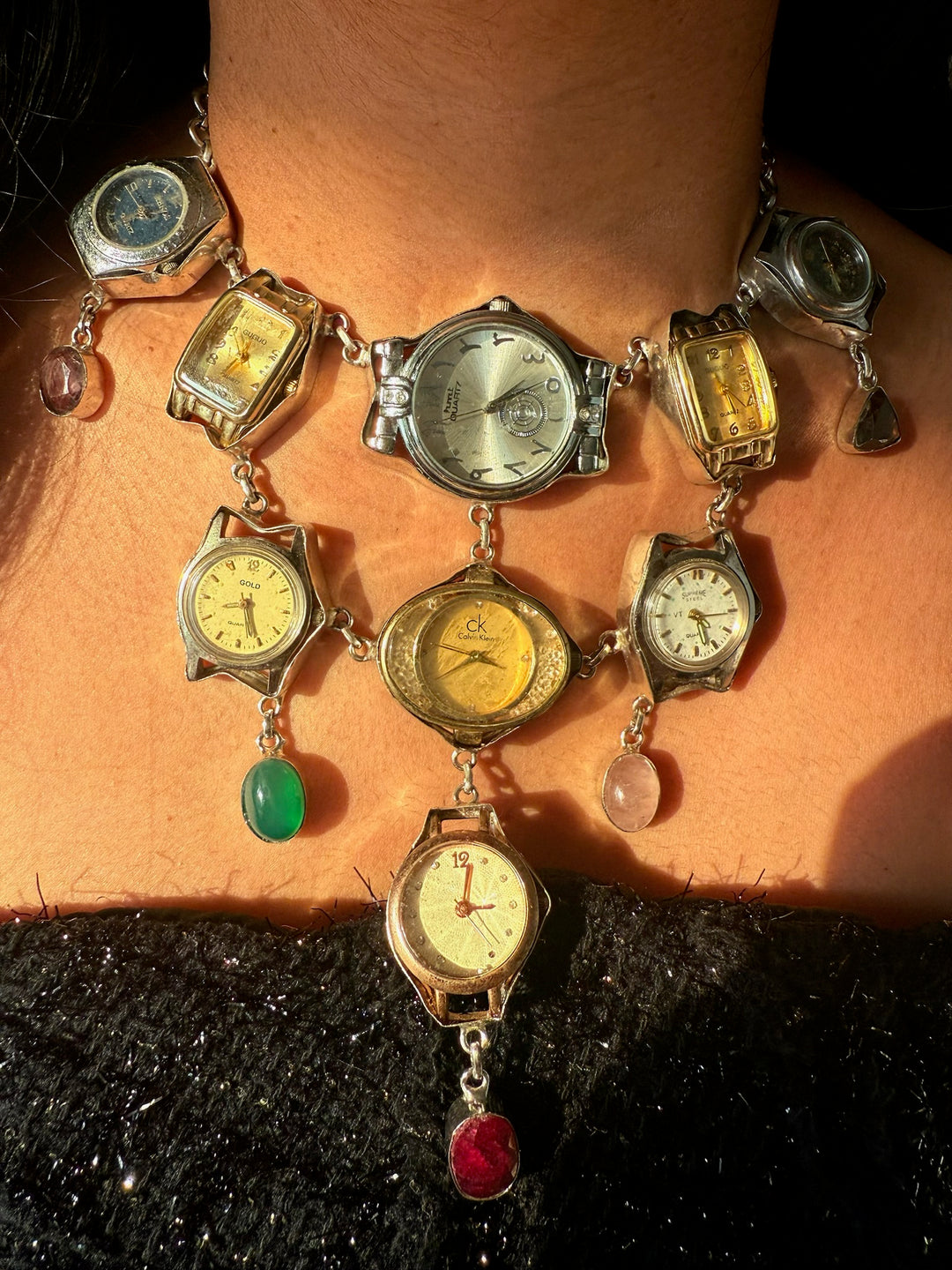 Vintage Watch Statement Necklace with Quartz Stones | Adjustable Hook Closure Brass Necklace by SHIVKA