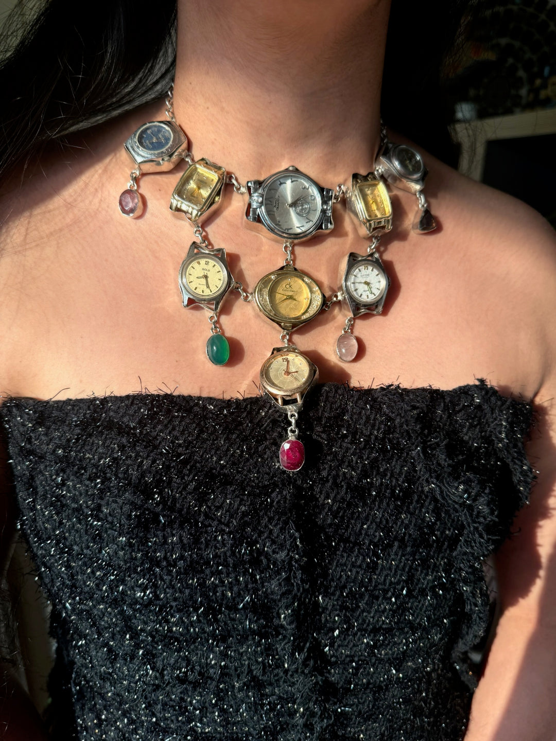 Vintage Watch Statement Necklace with Quartz Stones | Adjustable Hook Closure Brass Necklace by SHIVKA