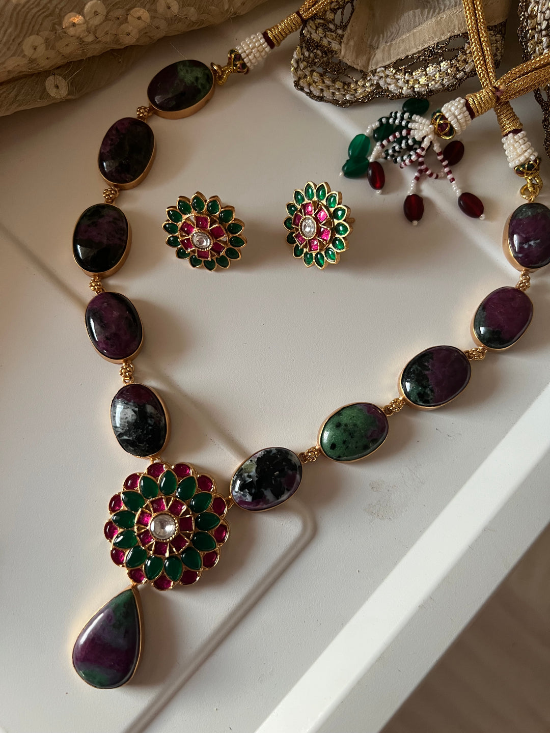 Stunning Designer Ruby Zoisite Kempu Necklace Set by SHIVKA – Perfect for Weddings and Festivals
