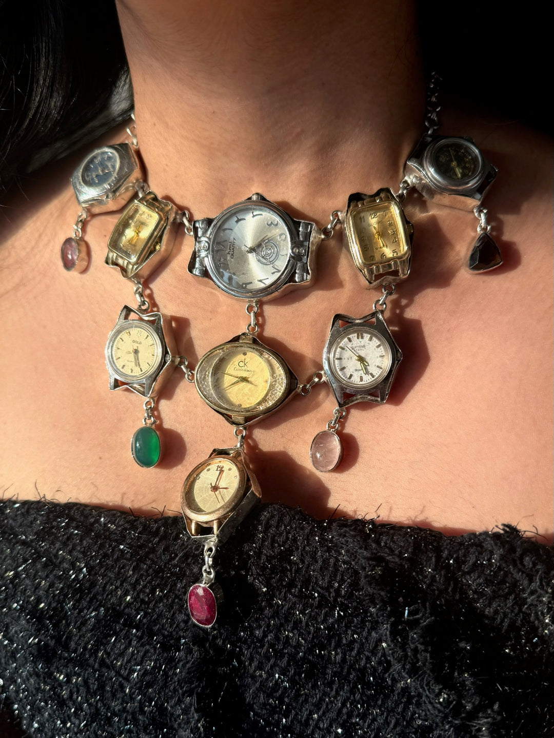 Vintage Watch Statement Necklace with Quartz Stones | Adjustable Hook Closure Brass Necklace by SHIVKA