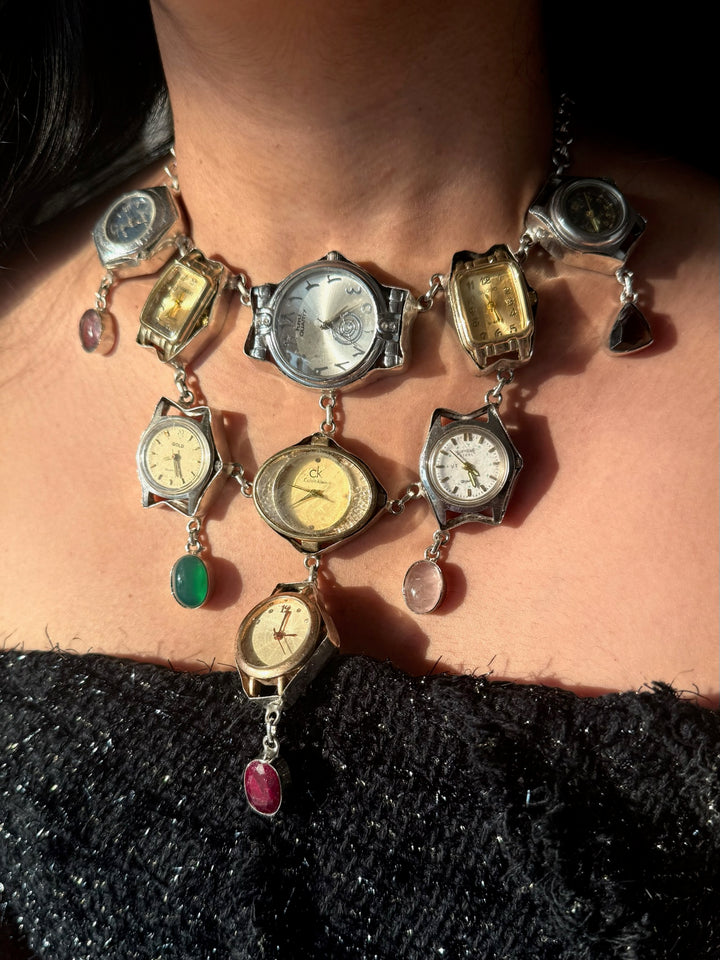 Vintage Watch Statement Necklace with Quartz Stones | Adjustable Hook Closure Brass Necklace by SHIVKA