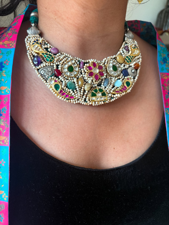 Handmade 925 Silver Nakhra Gemstone Necklace Set | SHIVKA