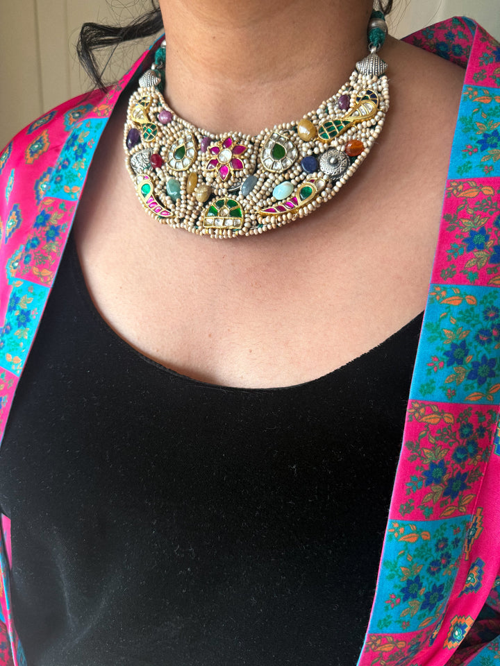 Handmade 925 Silver Nakhra Gemstone Necklace Set | SHIVKA