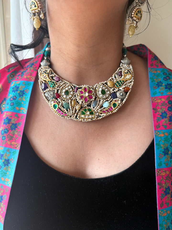 Handmade 925 Silver Nakhra Gemstone Necklace Set | SHIVKA