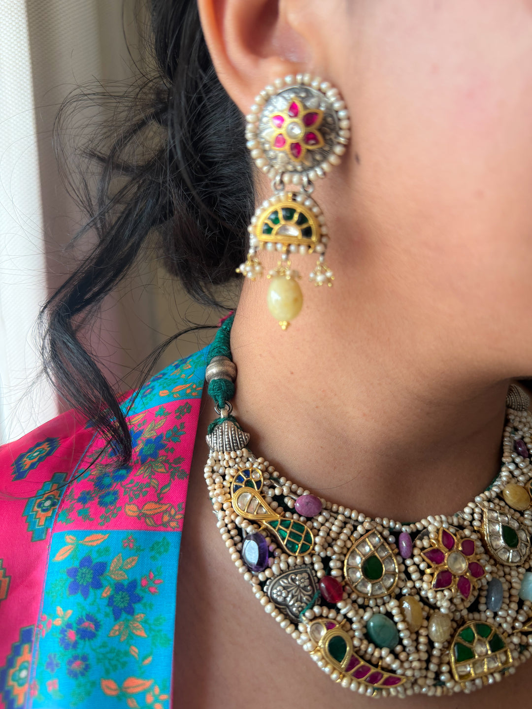 Handmade 925 Silver Nakhra Gemstone Necklace Set | SHIVKA
