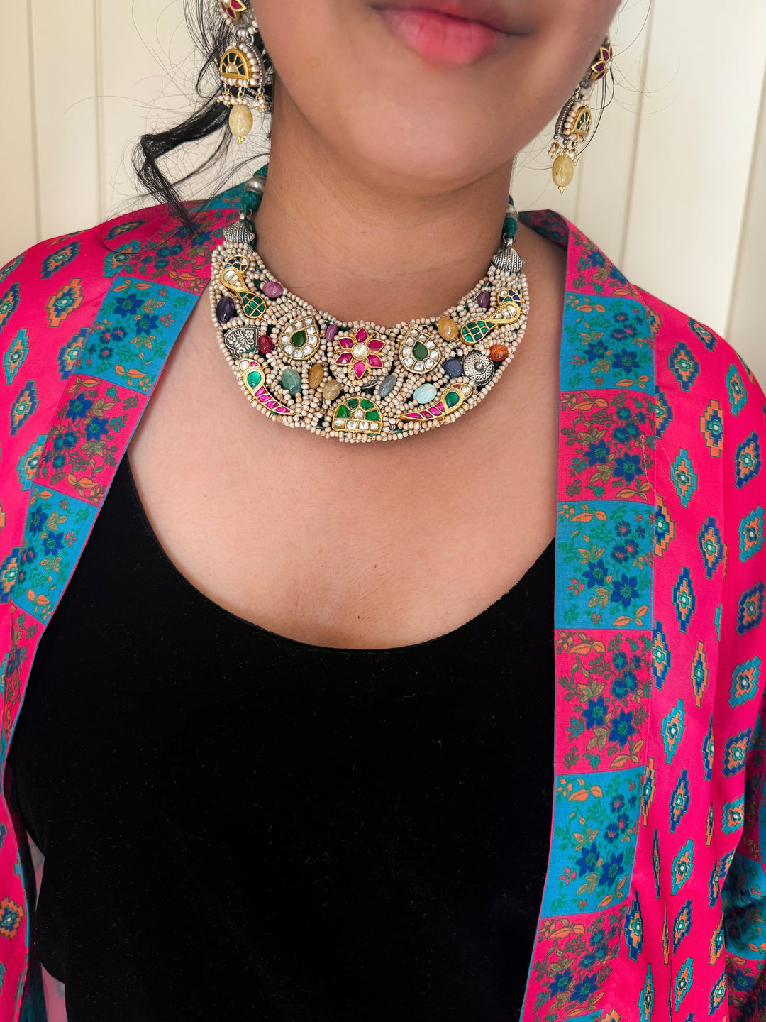 Handmade 925 Silver Nakhra Gemstone Necklace Set | SHIVKA