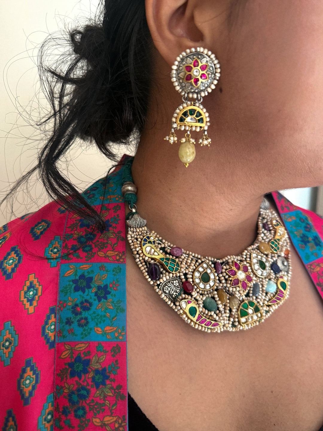 Handmade 925 Silver Nakhra Gemstone Necklace Set | SHIVKA