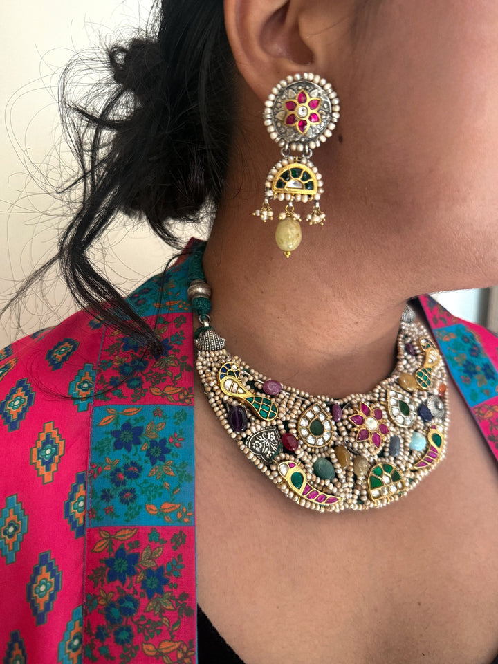Handmade 925 Silver Nakhra Gemstone Necklace Set | SHIVKA