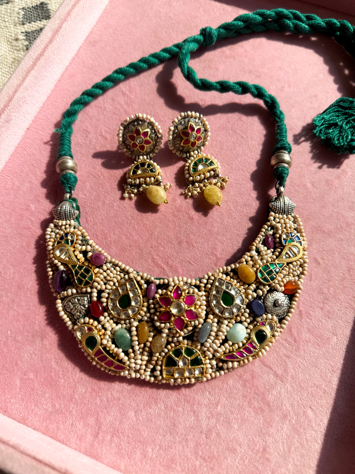 Handmade 925 Silver Nakhra Gemstone Necklace Set | SHIVKA