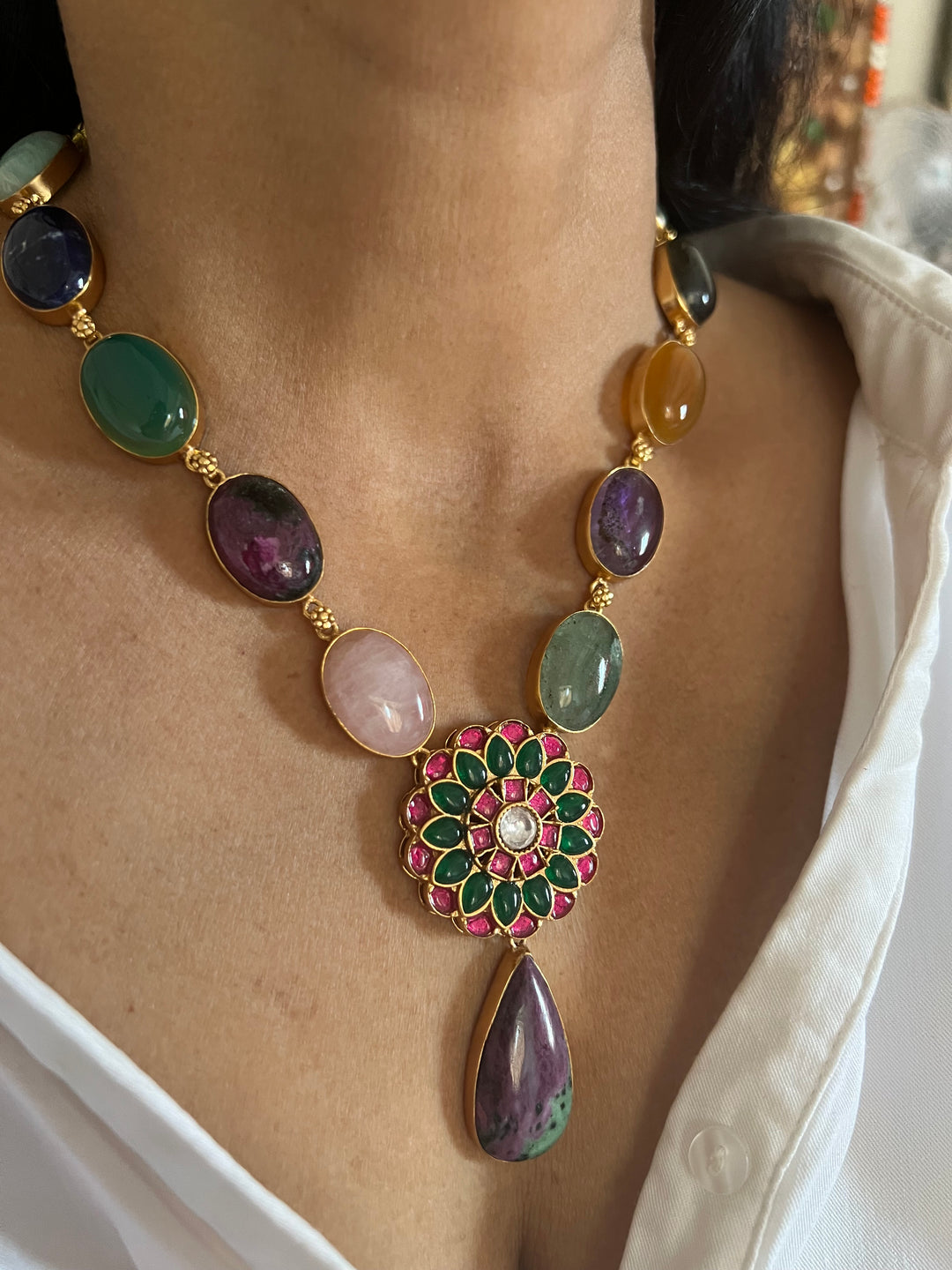 Stunning Designer Multi Gemstones Kempu Necklace Set by SHIVKA – Perfect for Weddings and Festivals