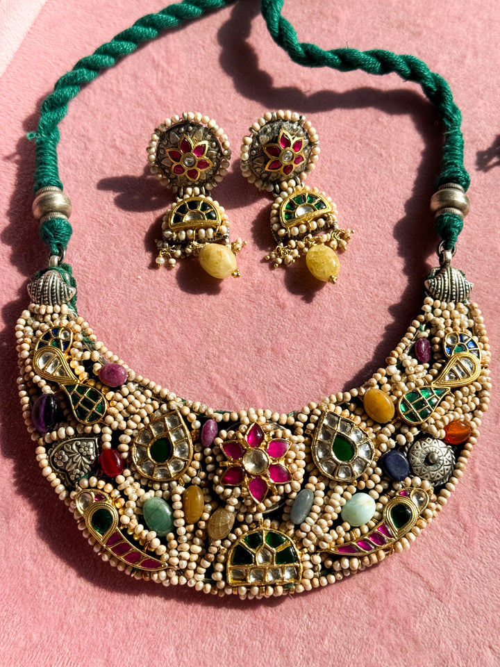 Handmade 925 Silver Nakhra Gemstone Necklace Set | SHIVKA