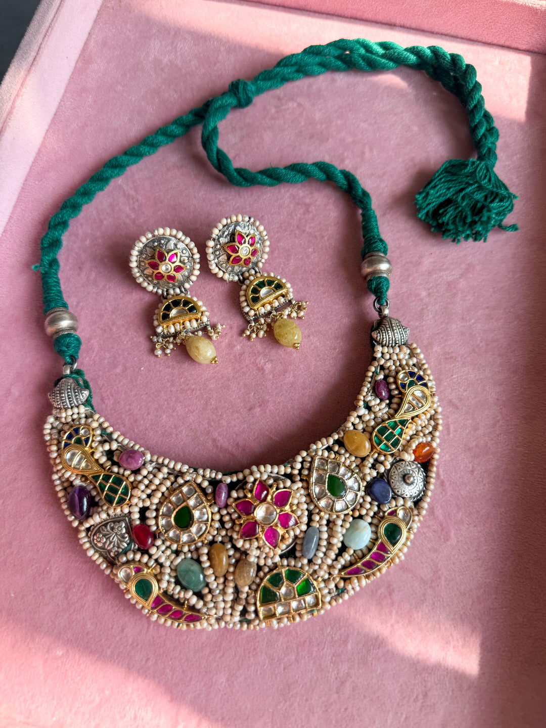 Handmade 925 Silver Nakhra Gemstone Necklace Set | SHIVKA