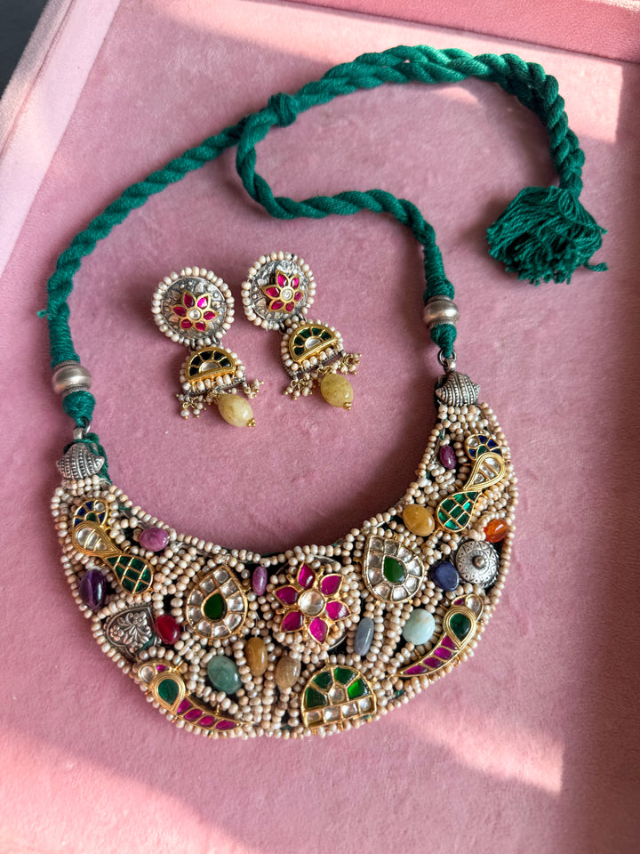 Handmade 925 Silver Nakhra Gemstone Necklace Set | SHIVKA