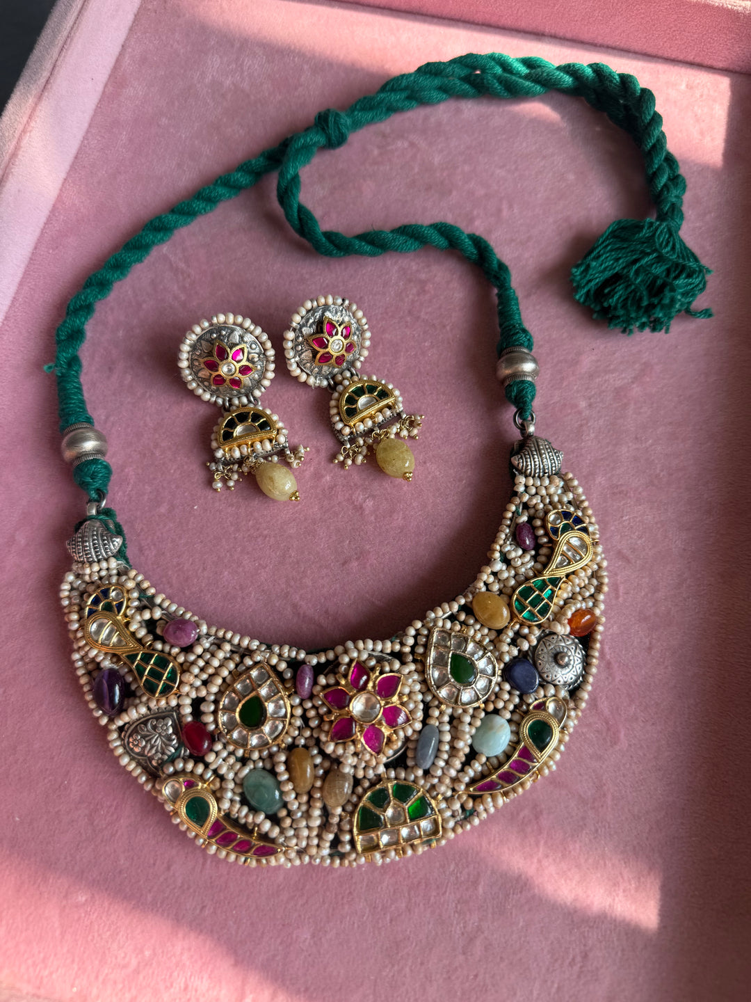 Handmade 925 Silver Nakhra Gemstone Necklace Set | SHIVKA